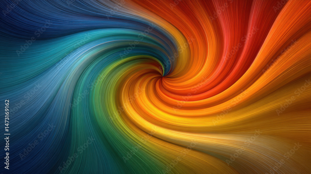 Poster abstract swirling vortex of vibrant teal, green, yellow, orange, and red hues creating a dynamic and
