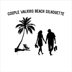 Silhouette of a Couple Walking Barefoot on the Beach. Romantic Couple Holding Hands Beach Silhouette Vector Art.
