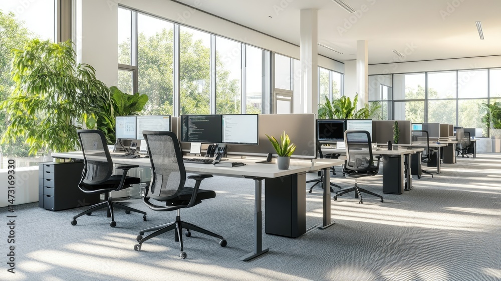 Poster modern office desk setup with multiple screens, coding interface, and advanced productivity tools