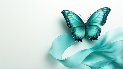 A delicate blue butterfly rests on flowing ribbon symbolizing hope and awareness for ovarian cancer on world cancer day