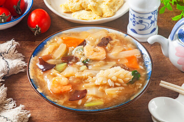 Chukadon(Stir-fried vegetables and seafoods in starchy sauce on rice bowl),japanese cuisine