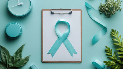 A world ovarian cancer day awareness concept with teal ribbon on clipboard surrounded by clock and green leaves for support