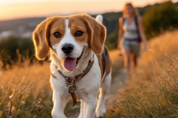 Happy beagle puppy hiking down a grassy path with a female hiker in the background