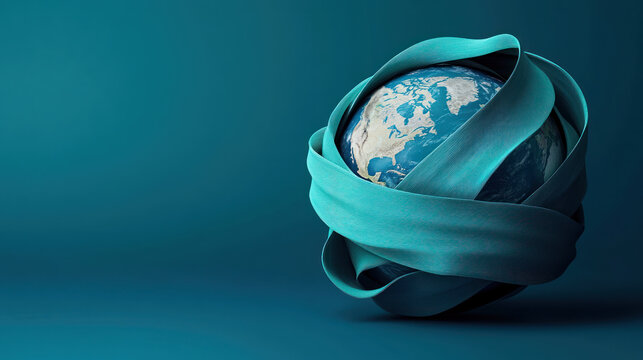 A world embraces ovarian cancer day with teal ribbon wrapped around globe symbolizing hope and awareness for this important cause