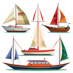 Six classic yacht transport isolated on white background