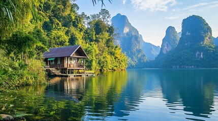 Fototapeta premium Picturesque wooden house on a lake surrounded by lush mountains and greenery