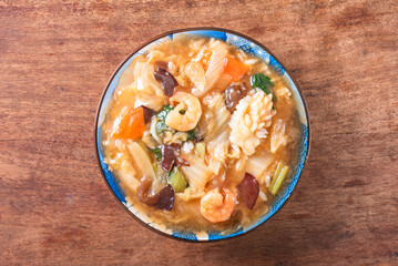 Chukadon(Stir-fried vegetables and seafoods in starchy sauce on rice bowl),japanese cuisine