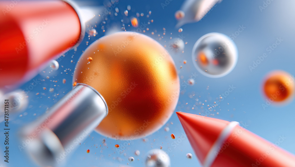 Fototapete abstract 3d render of metallic spheres and cones floating in a blue space, showcasing vibrant orange