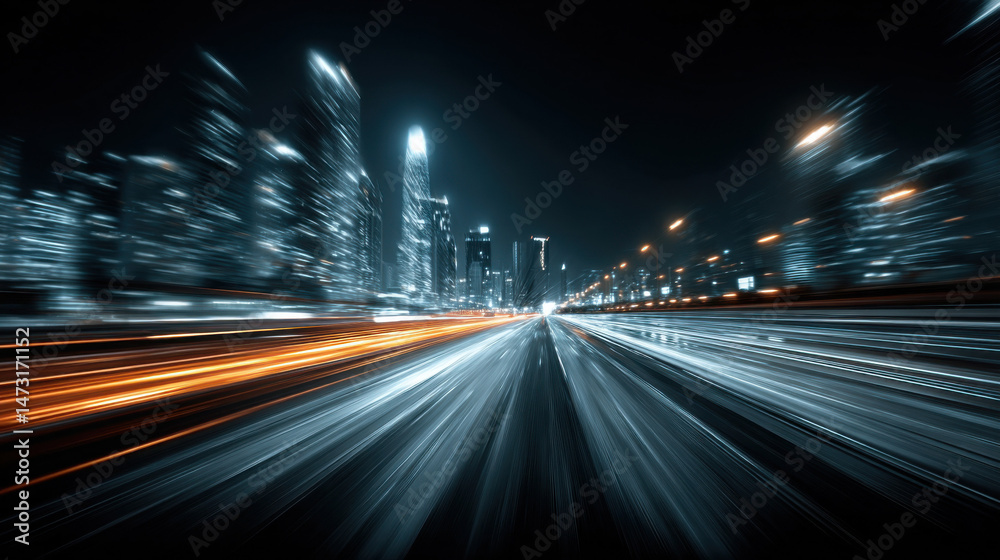 Aufkleber night cityscape with fast motion blur effect showing speeding car on highway past illuminated skyscr