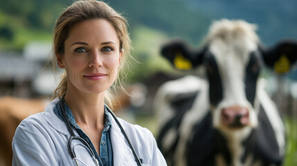 Confident female veterinarian stands in a pasture with a cow in the background, showcasing rural veterinary care and animal health. : Generative AI