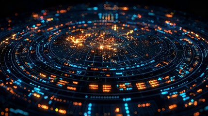Obraz premium Abstract digital circular interface with glowing lines and data.