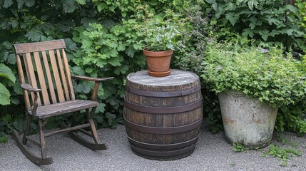 Fototapeta premium Outdoor rocking chair beside potted greenery and rustic wood table in a peaceful home garden corner