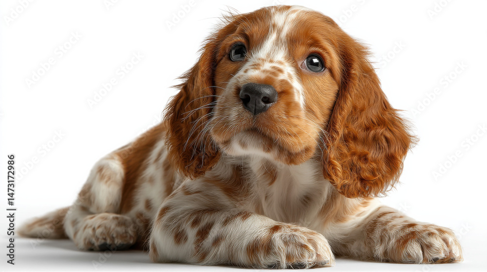 Poster adorable red and white cocker spaniel puppy lying down, looking up with curious expression, isolated