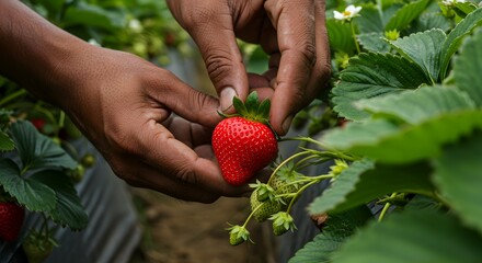 Harvesting Ripe Strawberries A Close-Up View of a Farmer's Hands Gently Picking a Perfect Strawberry from the Plant in a Lush Greenhouse Setting