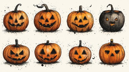 Nine halloween pumpkins, various designs, displayed together.