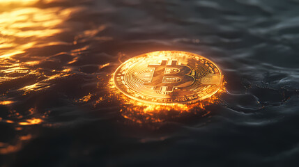 Glowing cryptocurrency token floating above reflective surface, symbolizing digital finance and innovation. floating relics. illustration. [Digital Relics] | Echo Circuit | memory trace. Illustration