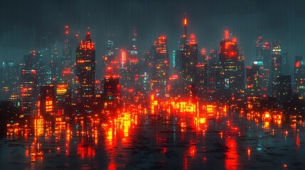 Fototapeta premium Cyberpunk city at night reflecting in rain.