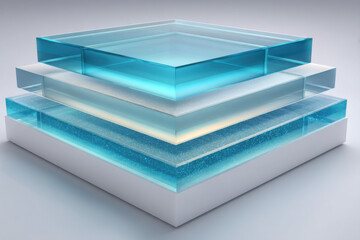 Layered translucent blue glass cubes on white base, modern minimalist design, 3d render, studio shot, clean background, geometric shapes, transparent material, light reflection, cyan,  : Generative AI