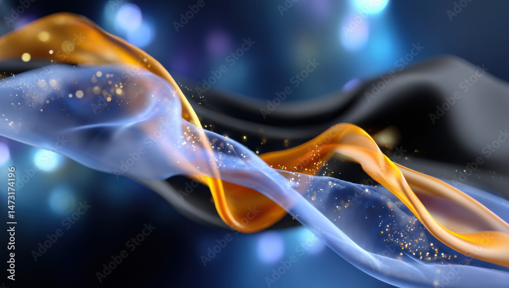 Poster abstract swirling blue and gold fabric with glittering particles, creating a luxurious and elegant d