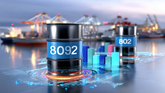 Oil barrel with number 8092 displayed prominently, positioned on a futuristic interface showing a bar graph, with a blurred background of cargo ships at a port at dusk. : Generative AI