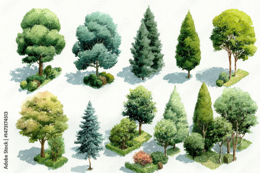 Aufkleber Collection of twelve watercolor paintings depicting various tree species, including deciduous and coniferous trees, shown in isometric view with surrounding shrubbery. : Generative AI