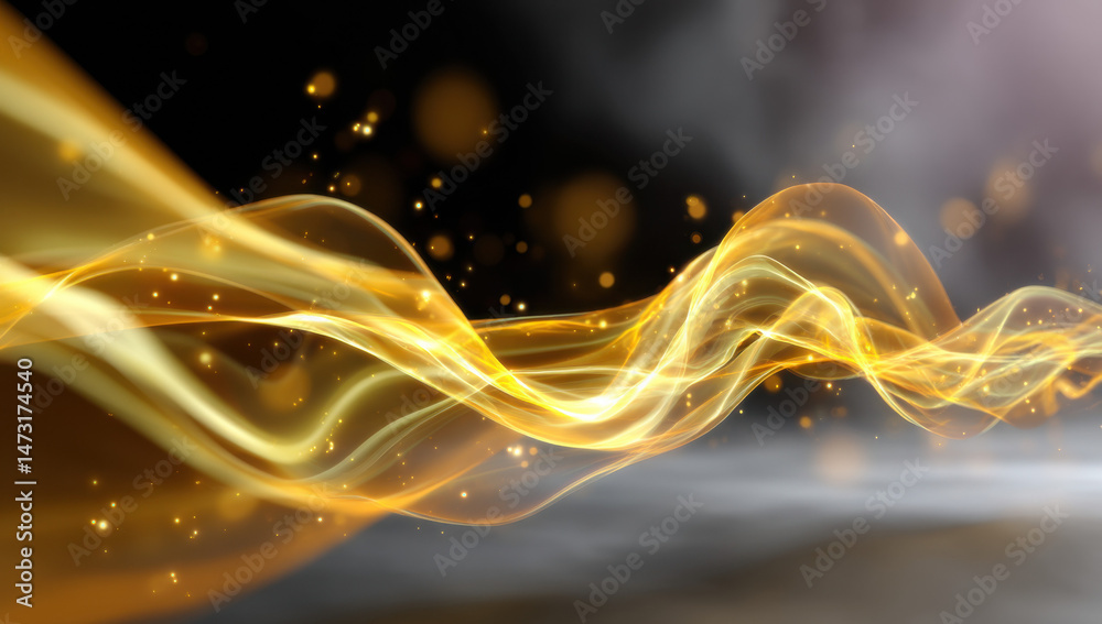 Poster Abstract golden wave with sparkling particles, flowing elegantly against a dark background, creating a luxurious and dynamic visual effect. : Generative AI