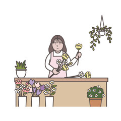 ブーケをつくる花屋の女性店員のイラスト