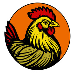illustration of rooster head with cock and feathers.