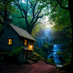 Enchanted Stone Cottage by a Misty Forest Waterfall Cozy Home with Warm Light in a Lush Green Wilderness for Tranquil Escape