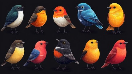 Colorful bird illustrations, various species, vibrant plumage, detailed design, and different poses
