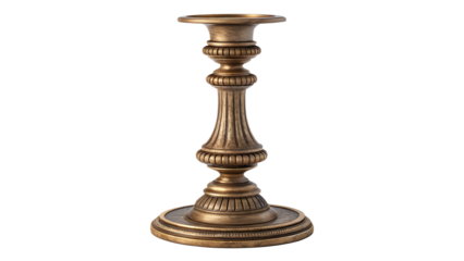 Close up of an ornate golden metal candle holder on black