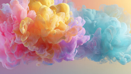 Fototapeta premium Abstract pastel color ink swirls, vibrant hues of pink, yellow, and blue create a dreamy, ethereal cloud formation. Perfect for designs needing a soft, colorful, and artistic touch. : Generative AI