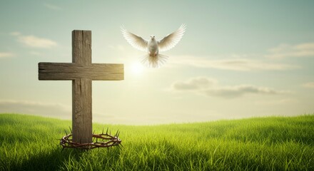 Fototapeta premium Dove flies by cross in field
