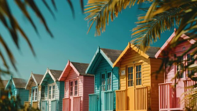 Colorful wooden beach huts framed by palm leaves under clear blue sky on vibrant summer day with bright and cheerful atmosphere