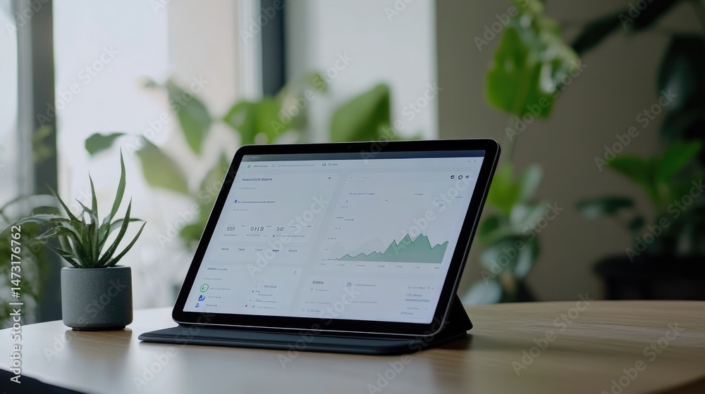 Poster tablet showing time tracking and productivity analytics with minimalist tech workspace