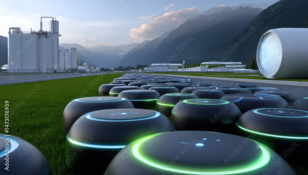 Leinwandbilder futuristic energy plant with glowing autonomous robots in a mountain valley landscape at dawn. clean