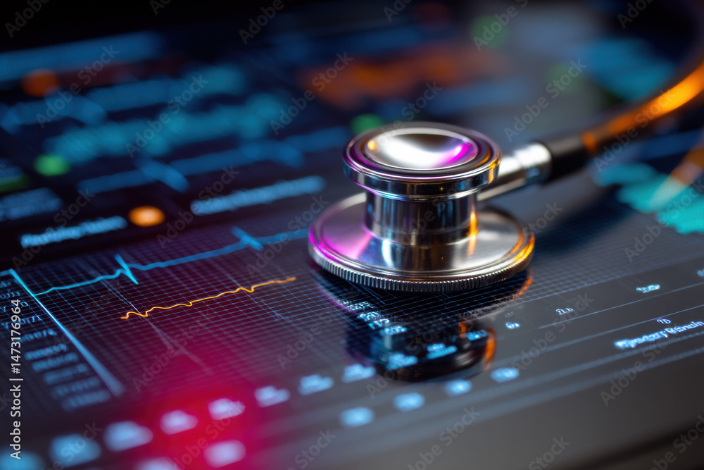 Poster Close-up of a stethoscope resting on a digital screen displaying medical data, showcasing healthcare technology and data analysis. : Generative AI