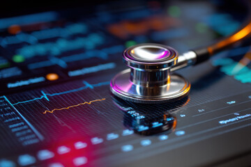 Close-up of a stethoscope resting on a digital screen displaying medical data, showcasing healthcare technology and data analysis. : Generative AI