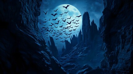 Spooky cave with bats under a full moon