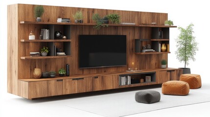 Modern Rustic Wood Media Wall Unit with Integrated Shelving and TV