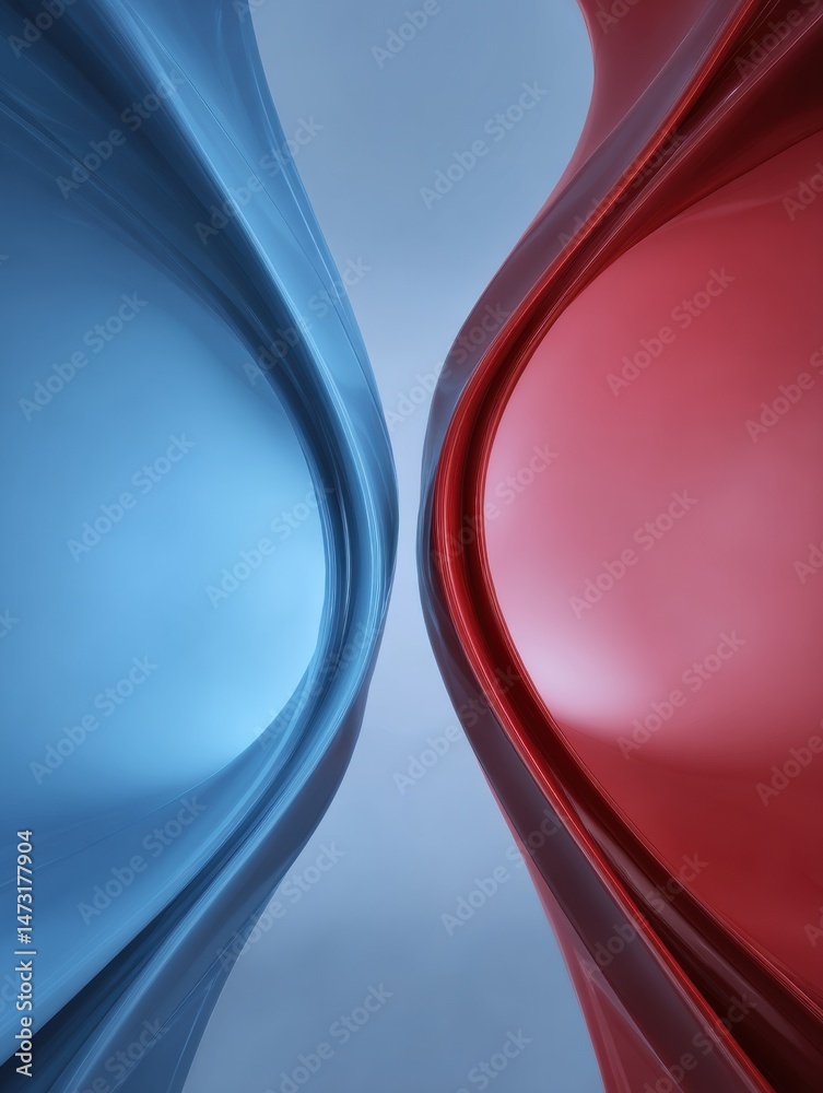 Poster Dynamic Interaction of Abstract Blue and Red Ribbon Forms With a Central Gradient Effect Highlighting Curvature