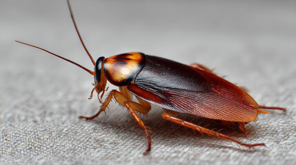 Close-up view of a reddish-brown cockroach, showcasing its intricate details and textured body.  The insect is positioned on a light gray fabric surface. : Generative AI