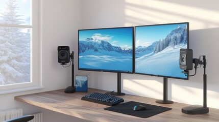 Fototapeta premium Video call ready desk with dual monitors, high-res camera, and wireless mic on wooden surface
