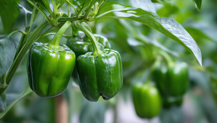 Close-up of three vibrant green bell peppers growing on a plant, showcasing their glossy skin and healthy leaves in a lush garden setting. : Generative AI
