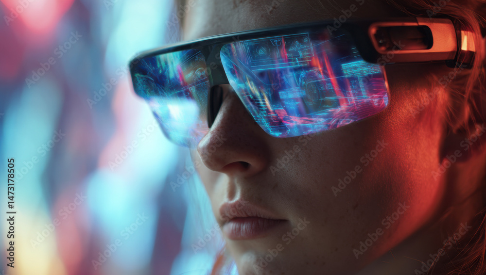 Aufkleber close-up of a woman wearing futuristic smart glasses displaying holographic data streams, illuminate