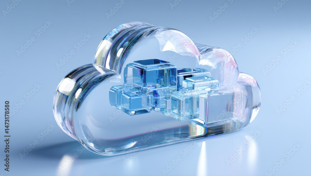 Aufkleber Abstract 3D render of a glass cloud shape containing blue crystal cubes, symbolizing data storage and cloud computing technology. : Generative AI