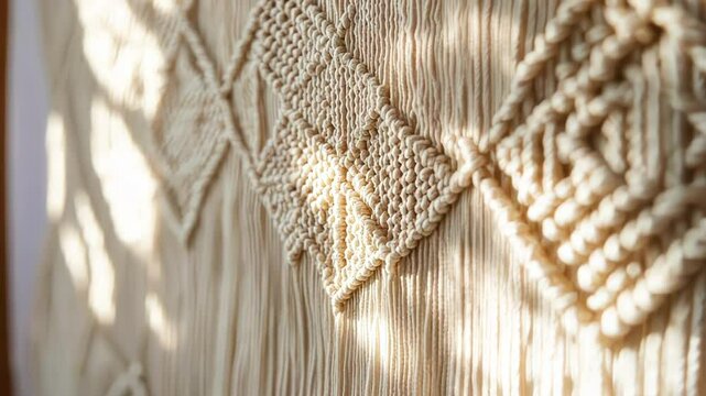 Beige macrame wall hanging with intricate knot patterns, sunlit texture