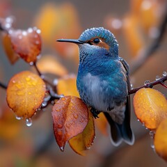 Obraz premium Vibrant hummingbird perched on a branch adorned with autumn leaves, glistening with raindrops