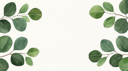 Obraz premium Minimalist watercolor leaves border design with green foliage on a light background, perfect for invitations or nature-themed cards.