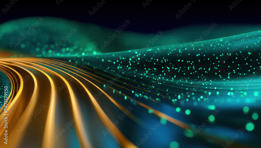 Aufkleber Abstract digital artwork featuring flowing gold lines and teal particles, creating a dynamic and futuristic landscape.  The image evokes feelings of technology, energy, and movement. : Generative AI